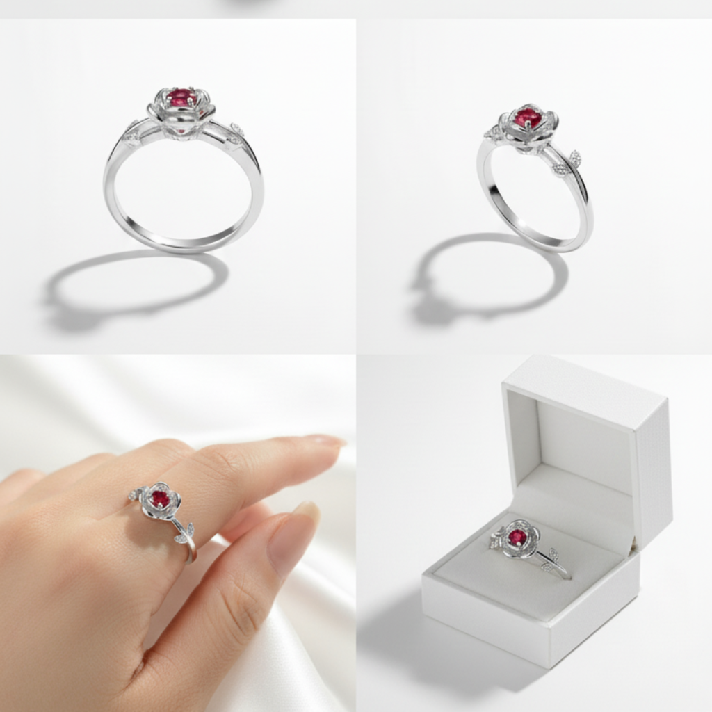 Anel Rosa Encantada Rubi em Prata 925 – Design de Flor com Detalhes de Folhas, Romântico e Delicado