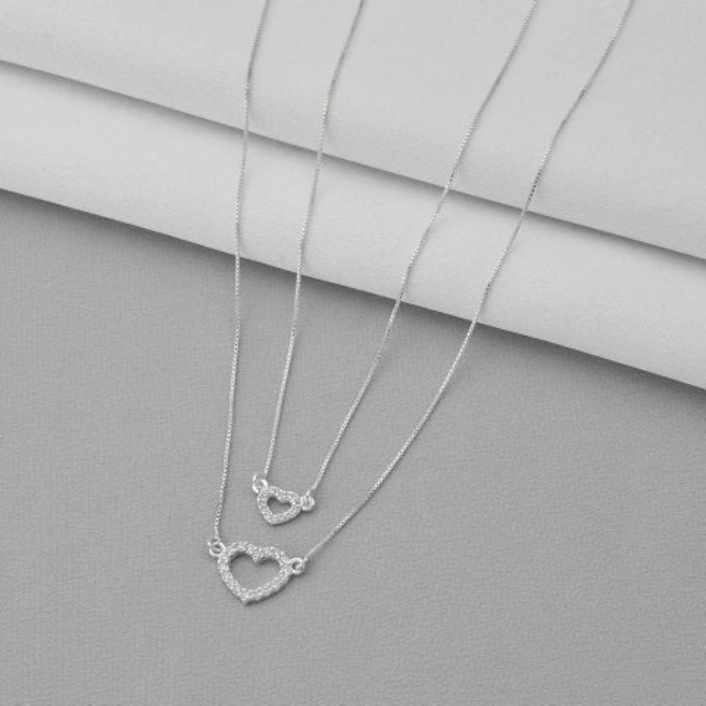 Gargantilha Dupla Com Corações Cravejados Prata 925