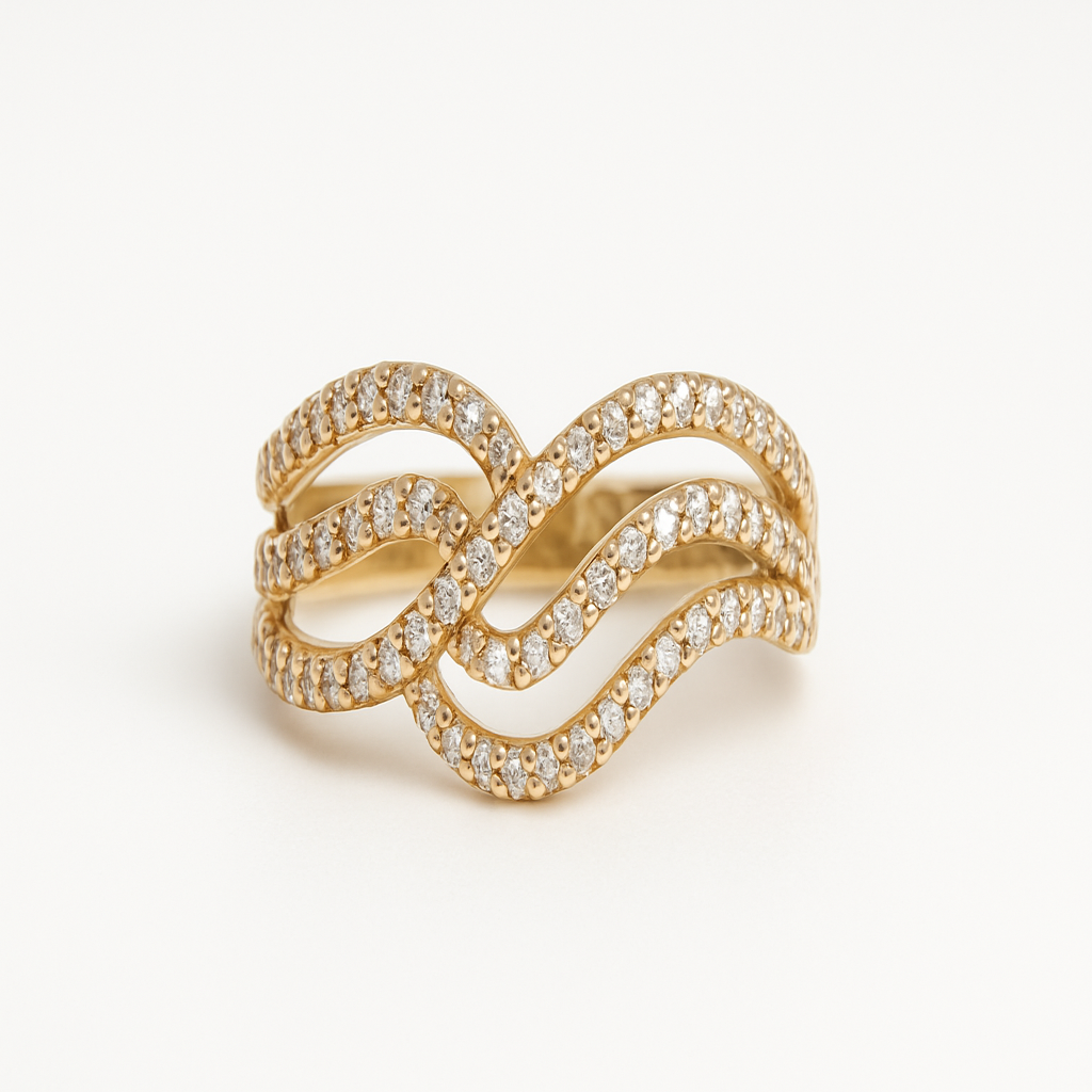 Anel Aros em Curvas Ouro 18K Cravejado em Zircônias – Luxo e Sofisticação