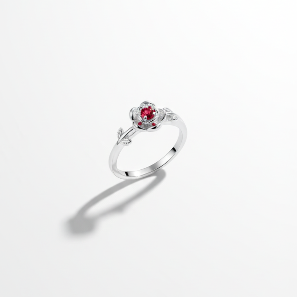 Anel Rosa Encantada Rubi em Prata 925 – Design de Flor com Detalhes de Folhas, Romântico e Delicado