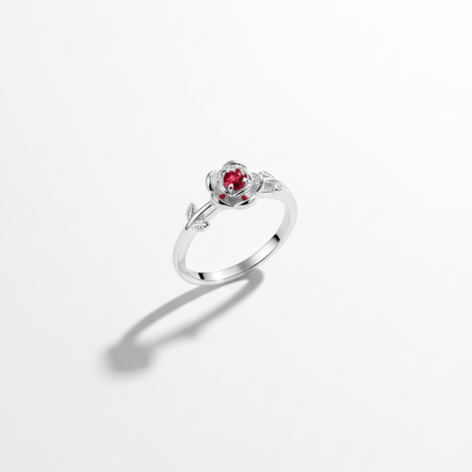 Anel Rosa Encantada Rubi em Prata 925 – Design de Flor com Detalhes de Folhas, Romântico e Delicado