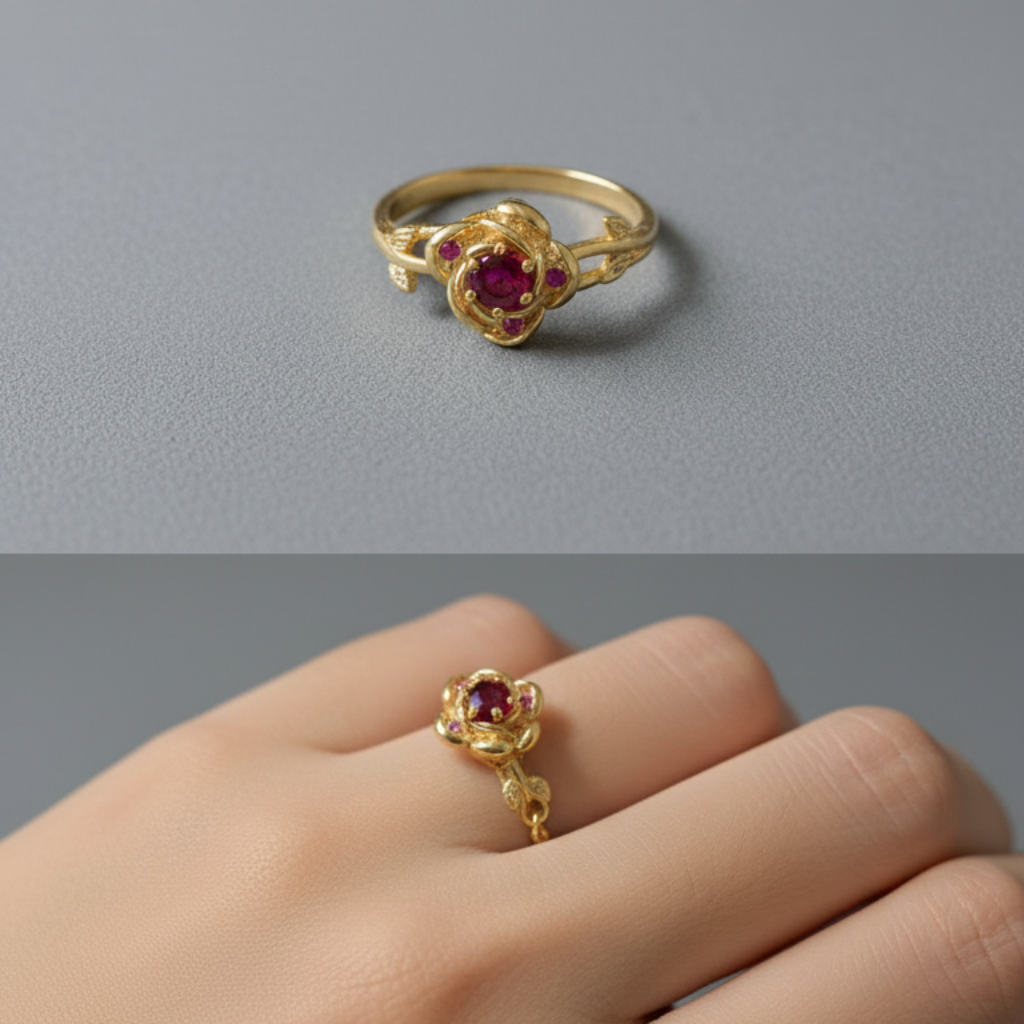 Anel Rosa Encantada Bella e a Fera em Ouro 18k